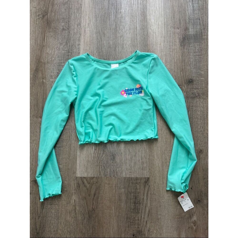 Mint Green Cropped Long Sleeve Swim Top with Floral Graphic